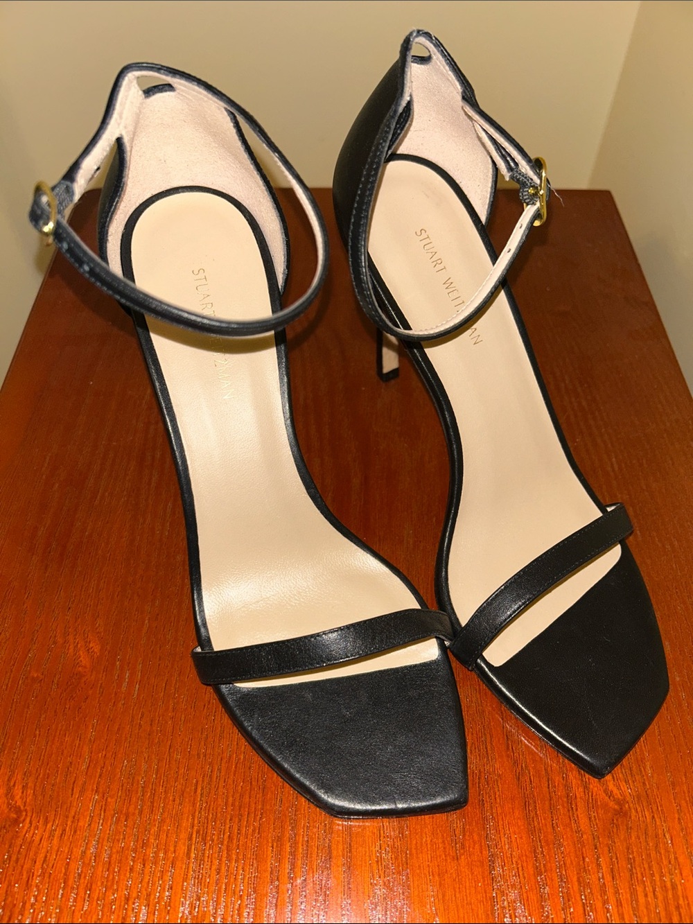 Stuart Weitzman Black Leather Square-Toe Ankle-Strap Heels